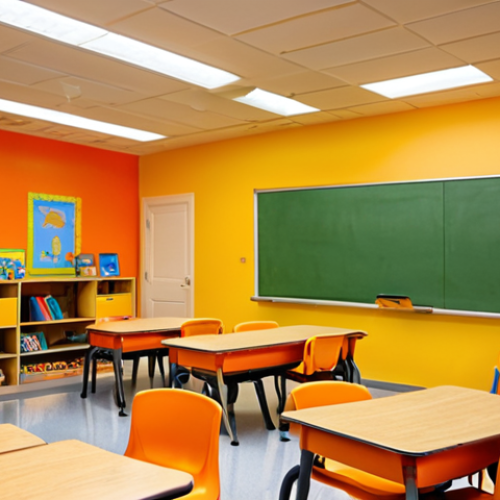 Home 4 **
"Vibrant elementary school classroom interior. Warm color accents (orange/yellow) on walls/furniture, balanced with neutral tones. Focus on a creative activity like painting or reading. Include happy children."
**