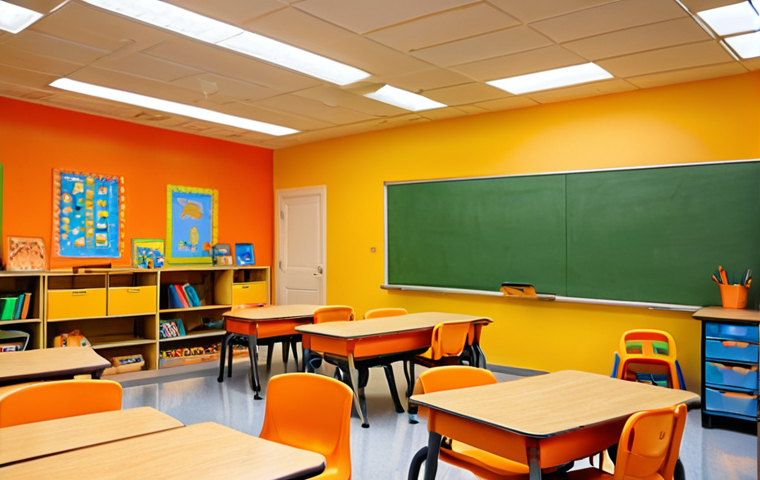 **
"Vibrant elementary school classroom interior. Warm color accents (orange/yellow) on walls/furniture, balanced with neutral tones. Focus on a creative activity like painting or reading. Include happy children."
**