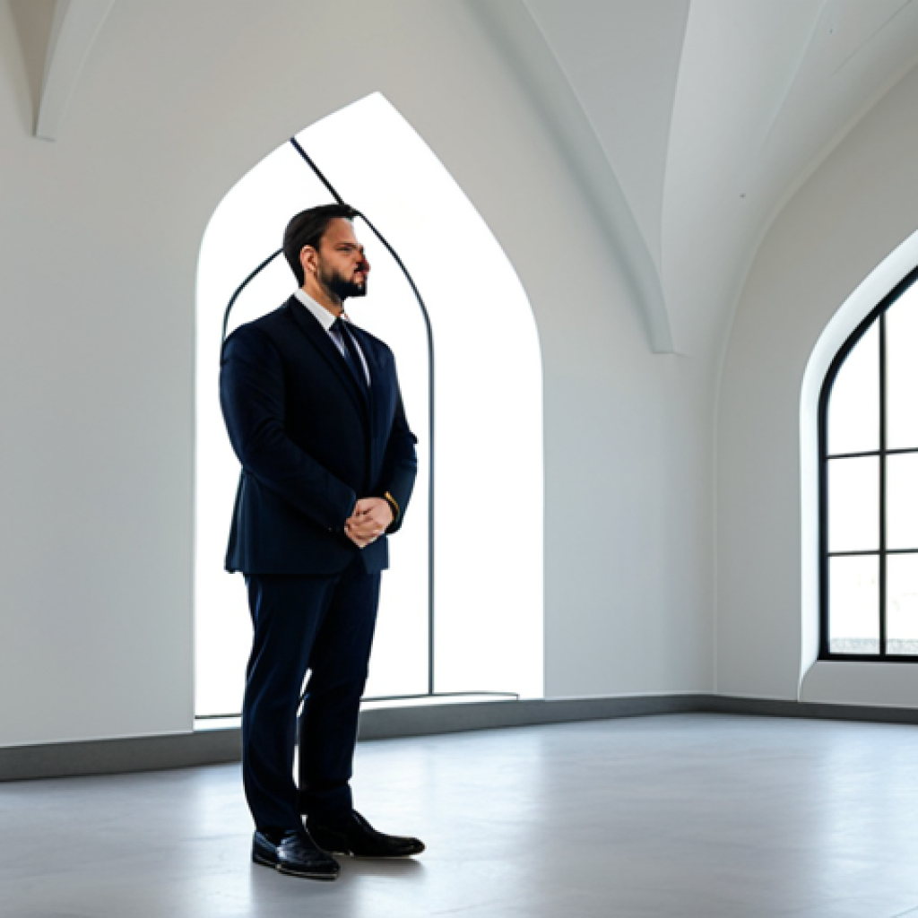 A professional architect, fully clothed in a modest business suit, stands in a contemporary sacred space. The interior blends minimalist design with subtle classical architectural elements, featuring a dramatic play of natural light filtering through large, strategically placed openings, creating a serene and contemplative atmosphere. The architect's pose is natural, showcasing perfect anatomy and correct proportions, with well-formed hands and proper finger count. The scene is captured with professional photography, high quality, appropriate attire, safe for work, appropriate content, family-friendly.