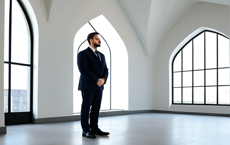 A professional architect, fully clothed in a modest business suit, stands in a contemporary sacred space. The interior blends minimalist design with subtle classical architectural elements, featuring a dramatic play of natural light filtering through large, strategically placed openings, creating a serene and contemplative atmosphere. The architect's pose is natural, showcasing perfect anatomy and correct proportions, with well-formed hands and proper finger count. The scene is captured with professional photography, high quality, appropriate attire, safe for work, appropriate content, family-friendly.