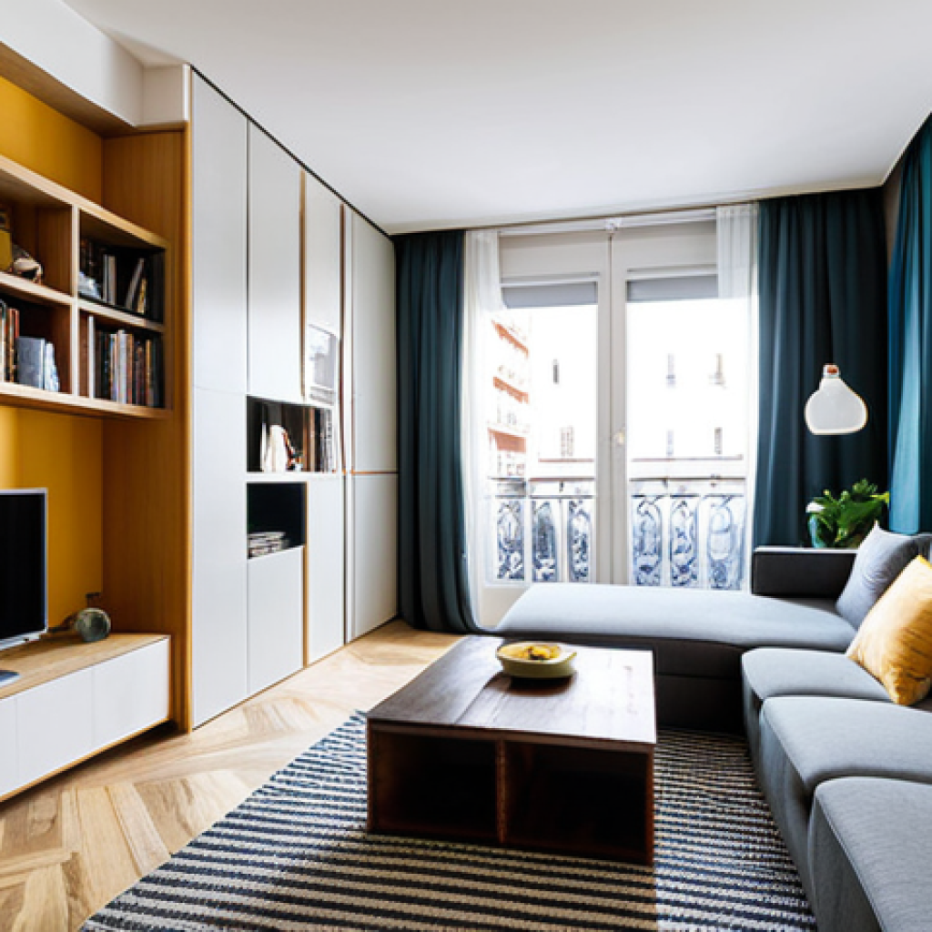 **
"A comfortable apartment interior in Madrid, Spain, bathed in natural light. Focus on a well-distributed living room with modern furniture, a bookshelf, and a view of a bustling city street. The scene evokes a sense of urban living and convenience. safe for work, appropriate content, fully clothed, modest, perfect anatomy, natural proportions, high-quality rendering, professional photography."
**