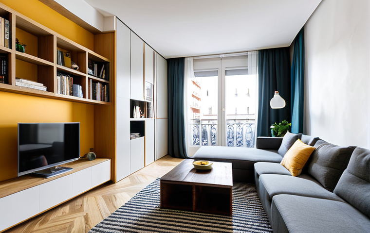 **

"A comfortable apartment interior in Madrid, Spain, bathed in natural light. Focus on a well-distributed living room with modern furniture, a bookshelf, and a view of a bustling city street. The scene evokes a sense of urban living and convenience. safe for work, appropriate content, fully clothed, modest, perfect anatomy, natural proportions, high-quality rendering, professional photography."

**