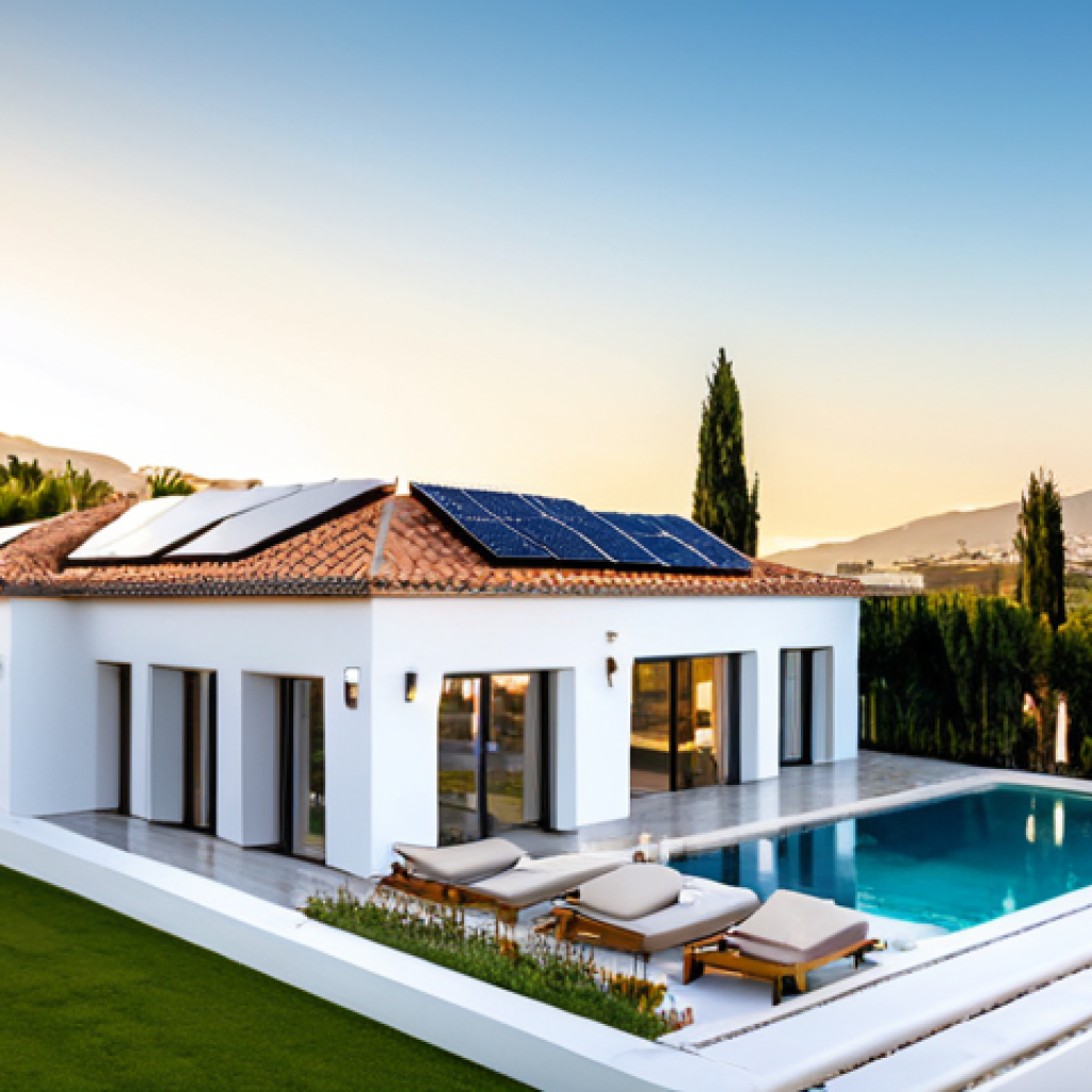 Modern Mediterranean Villa with Solar Tile Roof**
"A stunning, sun-drenched modern villa on the Costa del Sol. The roof is constructed of integrated solar tiles, seamlessly blending with the white stucco walls. Lush Mediterranean landscaping surrounds the villa. Capture the clean lines of the architecture and the innovative design of the solar roof tiles. Golden hour lighting. Focus on sustainability and modern design. High-resolution, professional architectural photography. Safe for work, appropriate content, fully clothed."
**