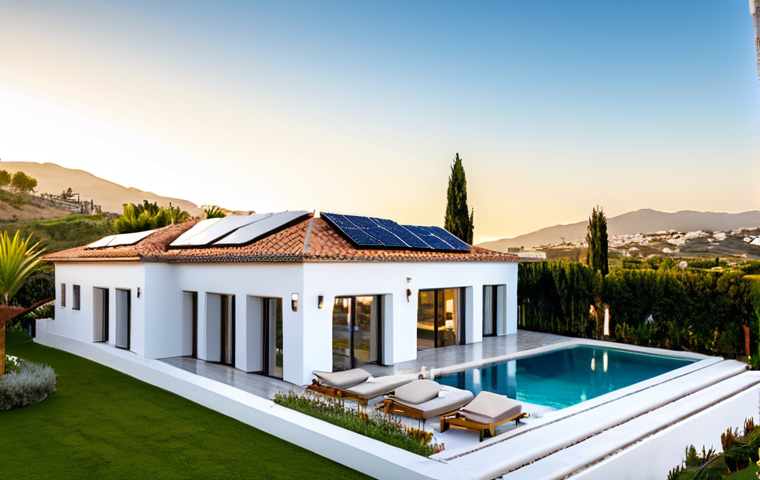 Modern Mediterranean Villa with Solar Tile Roof**

"A stunning, sun-drenched modern villa on the Costa del Sol. The roof is constructed of integrated solar tiles, seamlessly blending with the white stucco walls. Lush Mediterranean landscaping surrounds the villa. Capture the clean lines of the architecture and the innovative design of the solar roof tiles. Golden hour lighting. Focus on sustainability and modern design. High-resolution, professional architectural photography.  Safe for work, appropriate content, fully clothed."

**