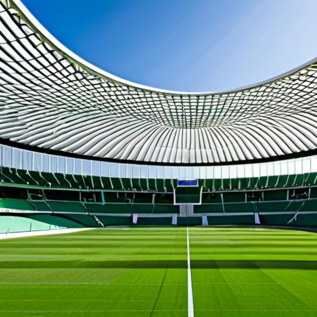 Bioclimatic Stadium Design in Seville**
"A modern stadium in Seville, Spain, designed with bioclimatic principles. Focus on natural ventilation strategies, with visible airflow patterns and green walls. Appropriate attire, safe for work, perfect anatomy, natural proportions, professional architecture photography, showcasing sustainable design and energy efficiency in a sunny, Andalusian setting. Family-friendly, modest and modern architecture."
**