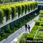 Home 14 해외 건축 트렌드 보고서 - A modern urban park in Mexico City featuring vertical gardens and green roofs integrated into sleek ...