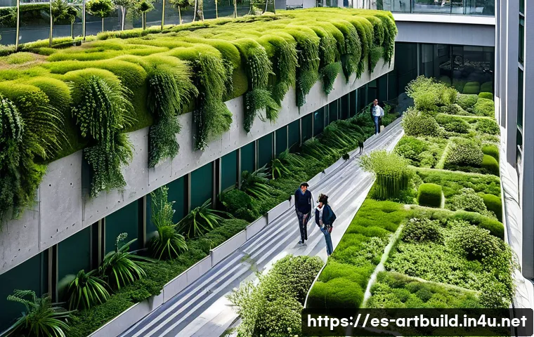 해외 건축 트렌드 보고서 - A modern urban park in Mexico City featuring vertical gardens and green roofs integrated into sleek ...