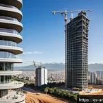 Home 19 고층 빌딩 구조 공학 - A futuristic skyscraper under construction in a bustling Latin American city, featuring high-tech re...
