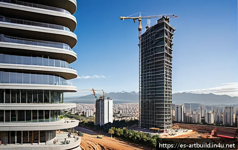 고층 빌딩 구조 공학 - A futuristic skyscraper under construction in a bustling Latin American city, featuring high-tech re...